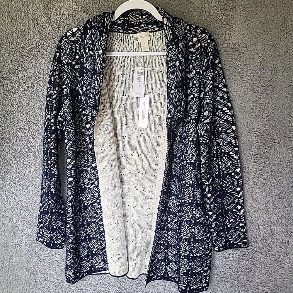 NWT Chico’s Cardigan Sweater Blue Textured Lace Jaspreet Womens Size 1 (wmns 8)